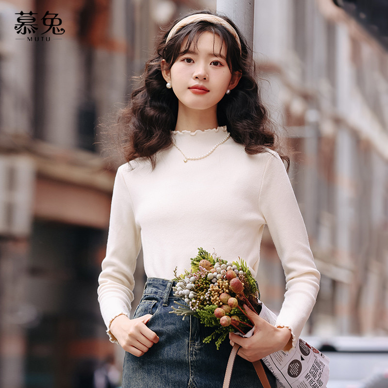 Mutu Fungus Edge Nửa Cổ Cao Cổ Dệt Kim Top Nữ Mùa Xuân 2026 Phong Cách Mới Đen Slimfit Slimer Nhìn Bên Trong Đáy Áo Sơ Mi