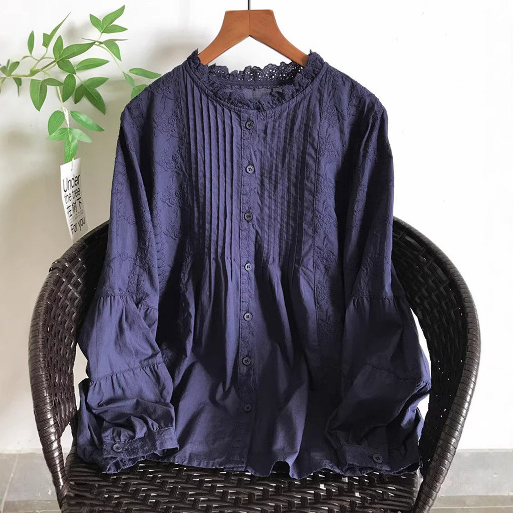 Áo sơ mi nữ cotton nguyên chất màu trơn kiểu Pháp, cổ ren đứng xếp li, phong cách văn học