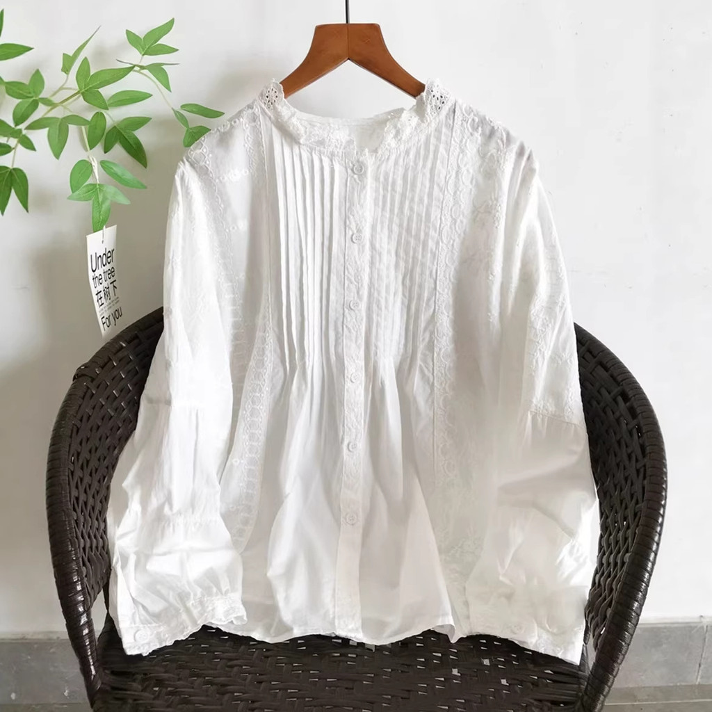 Áo sơ mi nữ cotton nguyên chất màu trơn kiểu Pháp, cổ ren đứng xếp li, phong cách văn học
