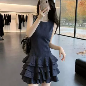 Váy nhỏ xinh xắn mùa hè Áo Vest không tay kẻ sọc màu xanh