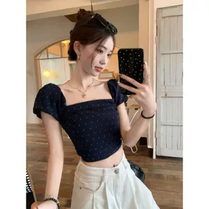 Áo thun ngắn tay cổ vuông phong cách Pháp Thiết kế mùa hè Jacquard Slim-Fit Áo crop Top ngắn