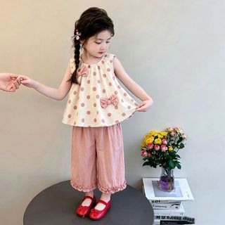Bộ đồ bé gái mùa hè chấm bi - Áo sát nách đính nơ phối quần ống rộng thời trang dễ thương