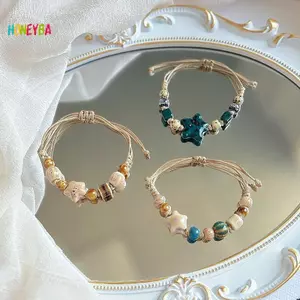 < Honeyba > Vòng tay gốm ngôi sao thủ công phong cách Boho dành cho nữ Cô gái Phong cách dân tộc độc đáo Vòng tay có thể điều chỉnh Phụ kiện trang sức Quà tặng đẹp