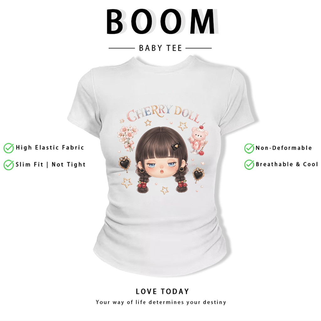 BOOM Áo Baby Tee Nữ Cotton Ôm Body-Áo Thun Ngắn Tay Y2K In Hình PhongCách Mùa Hè, Cổ Tròn Hàng Đầucách hàn quốc phong341