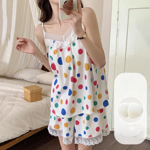 Nữ Sọc Ren Viền Quần Short Loungewear Set Kèm Áo Ngực Tích Hợp Phong Cách Hàn Quốc Ngọt Ngào Cho Mùa Hè Trong Nhà Hàng Ngày Thư Giãn Thường Ngày Mặc Ở Nhà