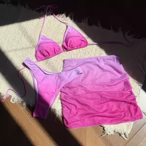 Bộ đồ bơi màu Gradient 3 trong 1 LACYESUK, Bộ đồ tắm Bikini dáng ôm Deep-V, Quần áo đi biển ngọt ngào Bộ đồ bơi không tay buộc dây cho nữ