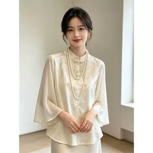 Phong Cách Trung Quốc Mới Phong Cách Quốc Gia Sang Trọng Cổ Đứng Nút Áo Sơ Mi Jacquard Nữ Mùa Hè Rời Ôm Hơn Nhìn Ba Phần Tư