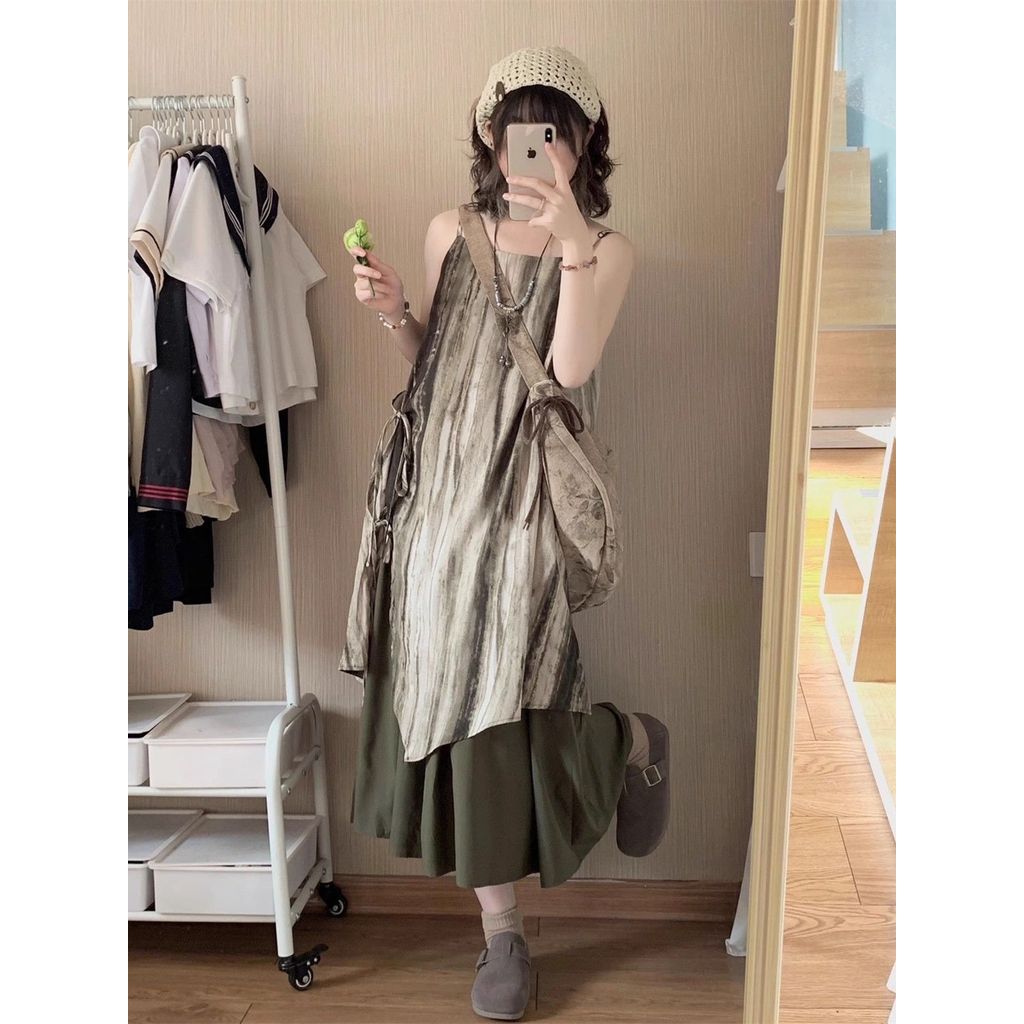 Mới Phong Cách Trung Hoa Retro Thắt Lưng-Dye Sling Dress Mùa Xuân Hè Phong Cách Mới Kỳ Nghỉ Du Lịch Nhỏ Váy Dài Nữ Rời