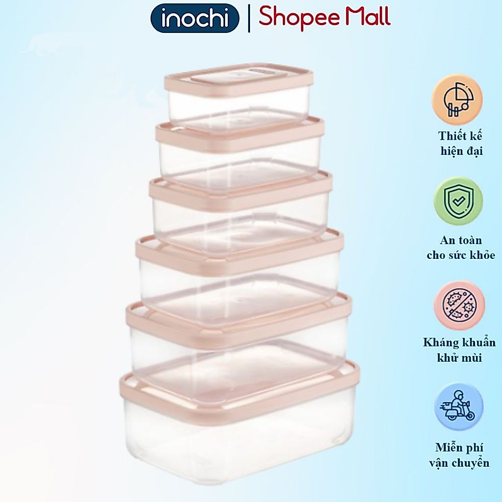 [ĐA KHO] Bộ 6 hộp chữ nhật Inochi, nhựa PP, chịu nhiệt 140°C,không bám mùi, đựng cơm văn phòng