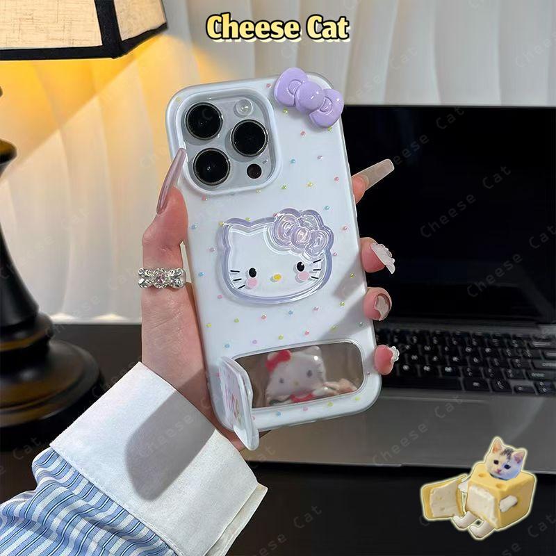 Cho iPhone Nơ Tím Kitty Ốp Lưng Điện Thoại Gương Mỹ Phẩm Điện Thoại Dành Cho iPhone 11 12 13 14 15 16 17 Pro Max Xs XR
