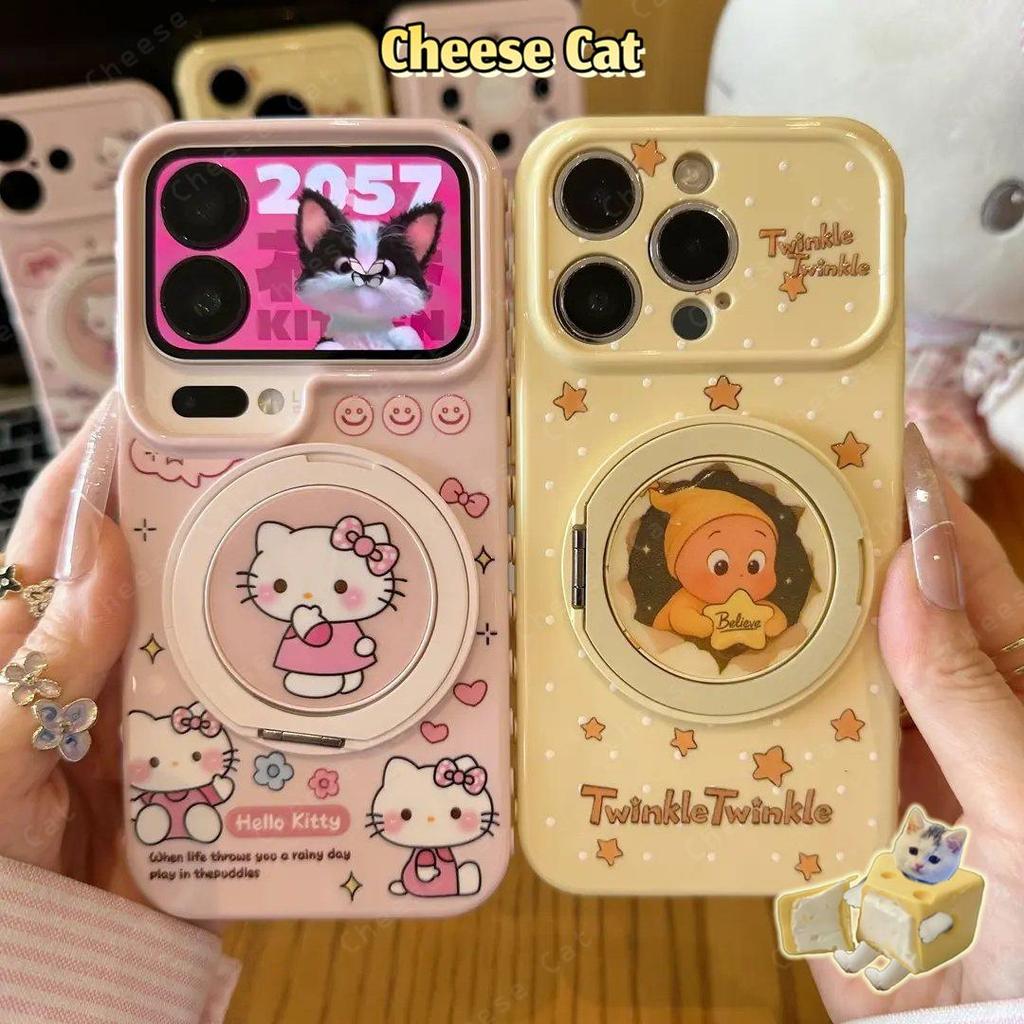 Ốp điện thoại màu hồng Kitty Star màu vàng Chân đế xoay kim loại cho iPhone 16 17 13 14 15 Plus 12 11 Pro Max Xs XR