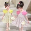 ✿ Bé Gái Hàn Quốc Tương Phản Peter Pan Cổ Hoa Bánh Đầm Puff Tay Trẻ Em Mùa Hè Ngọt Ngào Sundress