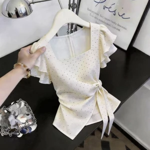 Áo thun nữ tay ngắn mùa hè mới thời trang giản dị chấm bi buộc dây áo thun viền ruffle dành cho nữ