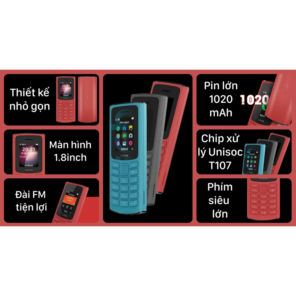 Điện thoại Nokia 105 4G máy 2 sim pin trâu loa to sóng khỏe cho người già máy phụ