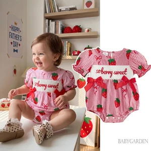 Bộ áo liền quần kẻ sọc mùa hè cho bé gái Áo liền quần ngắn tay in hình dâu tây