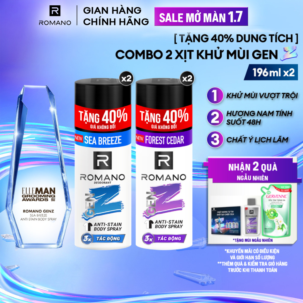 [Tặng 40% dung tích] Combo 2 Xịt khử mùi cho nam ngăn vệt ố vàng Romano Gen Z (196ml x 2)