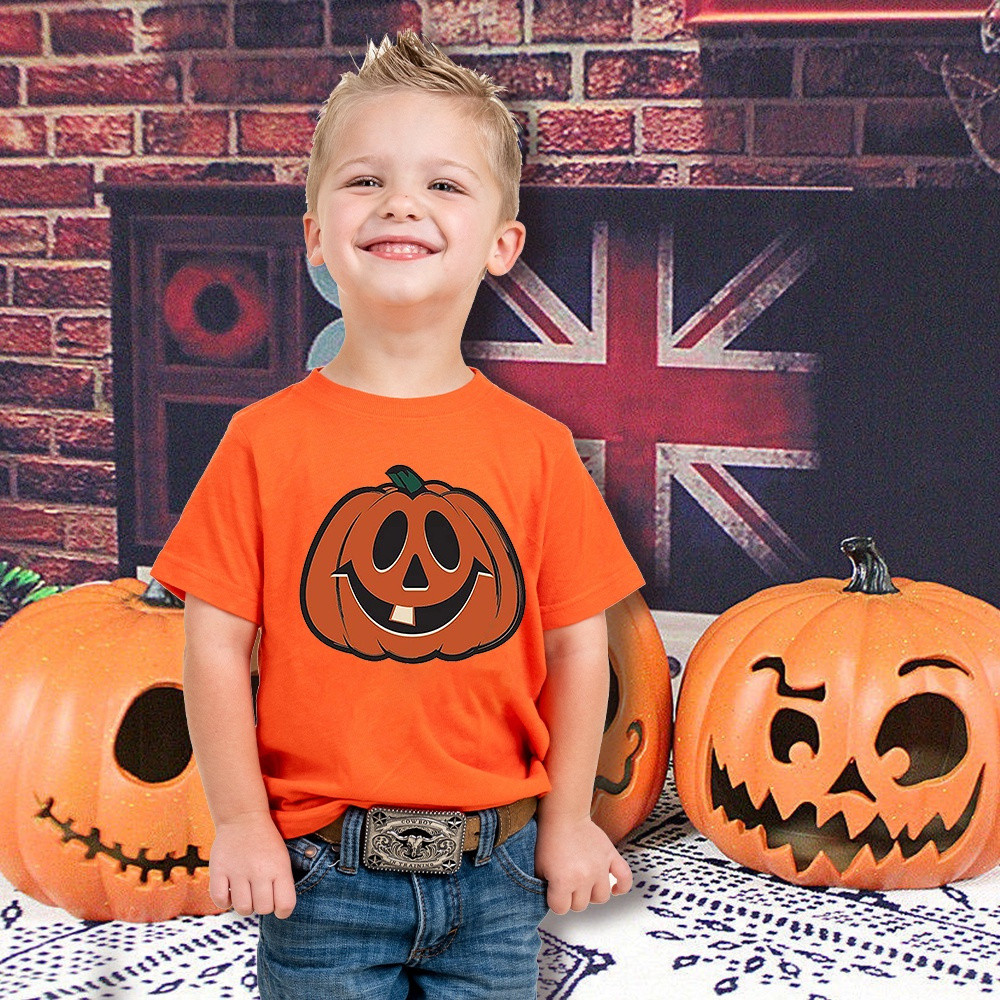 Áo thun ngắn tay in họa tiết bí ngô Halloween cho trẻ em 2-14 tuổi