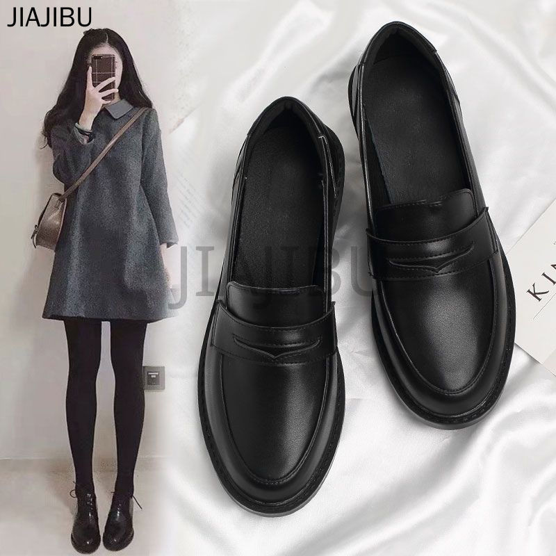 Size 34-44 Giày Lười Đế Dày Màu Đen Mũi Tròn Chống Trượt Thời Trang Hàn Quốc Dành Cho Nữ Cỡ Lớn Thường Ngày 43 Giày Da Mary Jane Đế Dày Cổ Điển, Màu Lì/bóng, Phong Cách Trường Học Anh Dành Cho Học Sinh 42 Giày Thuyền Cosplay Lolita Đồng Phục JK Nhật Bản