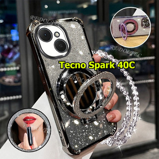 Ốp lưng Tecno Spark 40C Vỏ lấp lánh Gradient mới có gương trang điểm Giá đỡ từ tính Tecno Spark 40 C Spark40C Bảo vệ ống kính có giá đỡ dây buộc Vỏ điện thoại chống sốc
