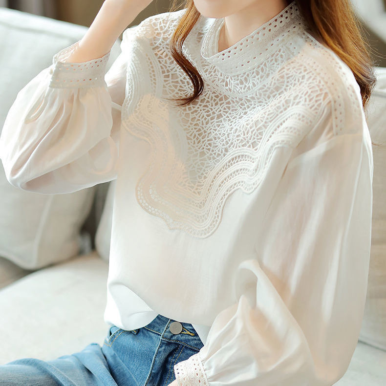 Cổ Đứng Rỗng Áo Sơ Mi Trắng Nữ Phong Cách Thanh Lịch Pháp