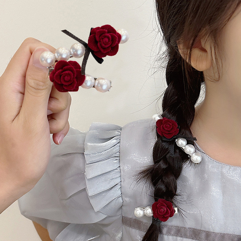 Vỉ 2 Kẹp Tóc Mỏ Vịt Hoa Hồng Phối Nơ Ngọc Dễ Thương Phụ Kiện Tóc
