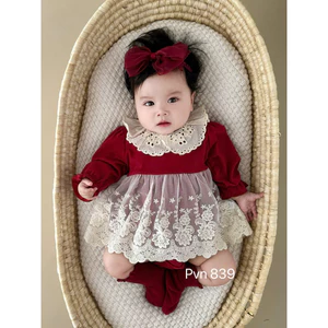 Body Váy Phối Ren Cách Điệu Bé Gái Màu Đỏ 0-1 tuổi, Bộ Liền Thân Thiết Kế Bé Gái 3-12kg