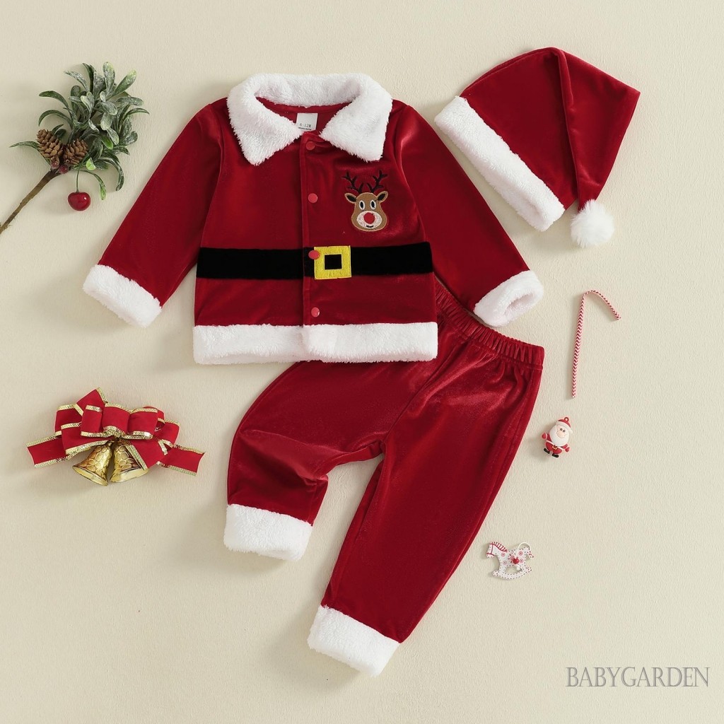 Tập Đi Bé Gái Bé Trai Bộ Giáng Sinh Tay Dài Ve Áo Nút Xuống Áo + Quần Eo Co Giãn Trang Phục Ông Già Noel