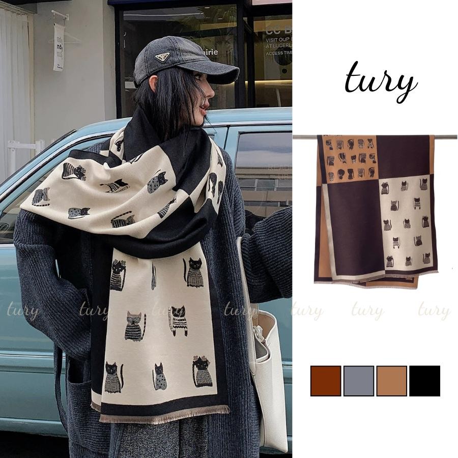 Khăn Quàng Cổ Len Unisex Nam Nữ - Tury - Khăn Len Choàng Cổ Họa Tiết Những Chú Mèo - LN077