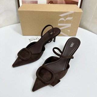 ZA2025 Mùa Xuân Vuông Khóa Giày Nữ Baotou Slingback Dép Nâu Mũi Nhọn Giày Cao Gót Mules QMEL