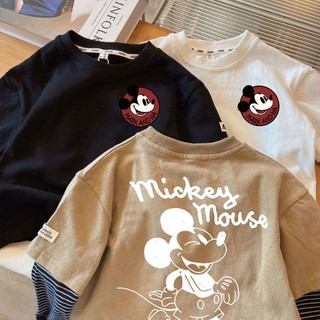 Mùa Xuân Thu Phong Cách Mới Trẻ Em Hoạt Hình Mickey Cổ Tròn Dài Tay Giả Hai Mảnh Bé Trai Thời Trang Đáy Áo Sơ Mi