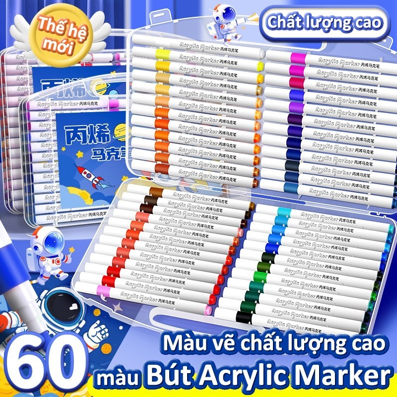 Bút Acrylic Marker 24/36/48/60 Màu – Bút Đánh Dấu Đầu Brush Mềm Mượt, Vẽ Được Trên Giấy Gỗ Vải Nhựa