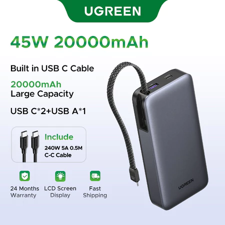 【mới】【Pin Sạc Dự Phòng Có Thể Đặt Hàng】【20000mAh 45W】Sạc dự phòng UGREEN Bộ sạc di động 20.000mAh tích hợp cáp USB C,