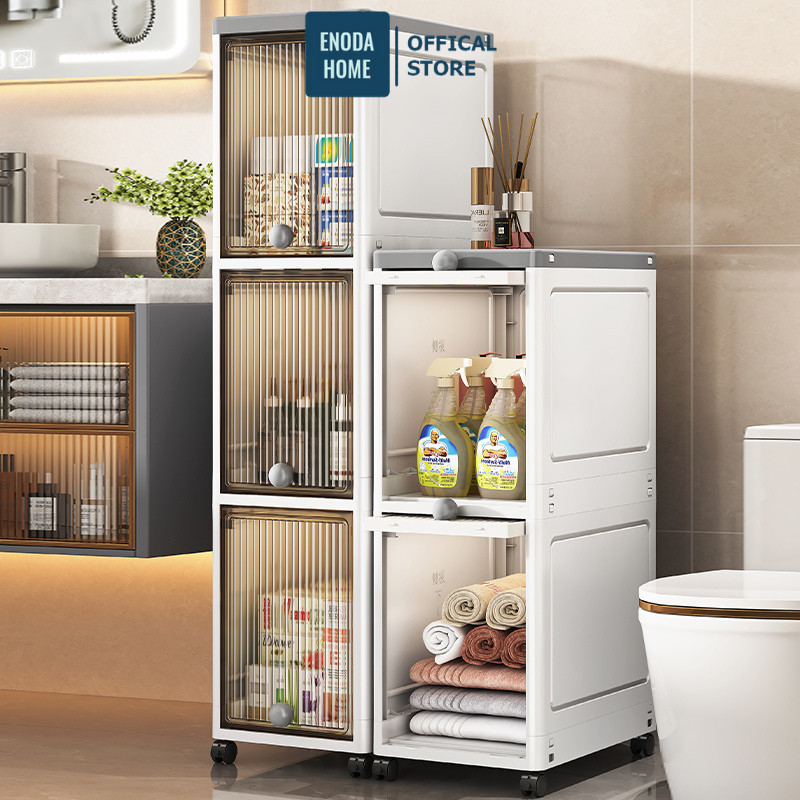 Tủ Nhựa Gấp Gọn Phòng Tắm ENODA HOME, Tủ Cửa Lật Trong Suốt Đựng Đồ Đa Năng Có Bánh Xe Di Chuyển Tiện Lợi TUN003