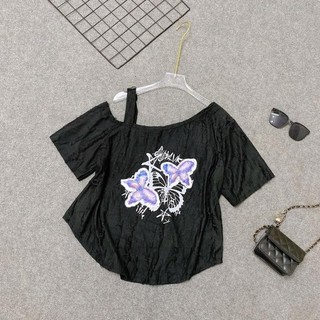 Áo Thun Kiểu Bigsize Nữ, Áo Kiểu Lệch Vai In Hình Dễ Thương Xinh Xắn Vải Xước Mềm Chubby A316