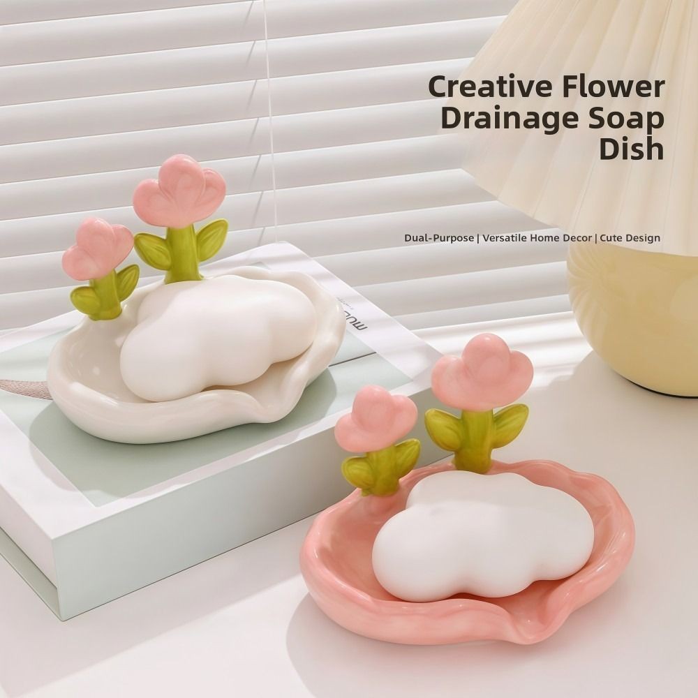 Đĩa xà phòng thoát nước YRBWDYZDH, Thiết kế hoa Tulip với khay đựng xà phòng máng thoát nước, chống trượt Không cần khoan Giá đựng xà phòng màu trơn Trang trí phòng tắm tại nhà