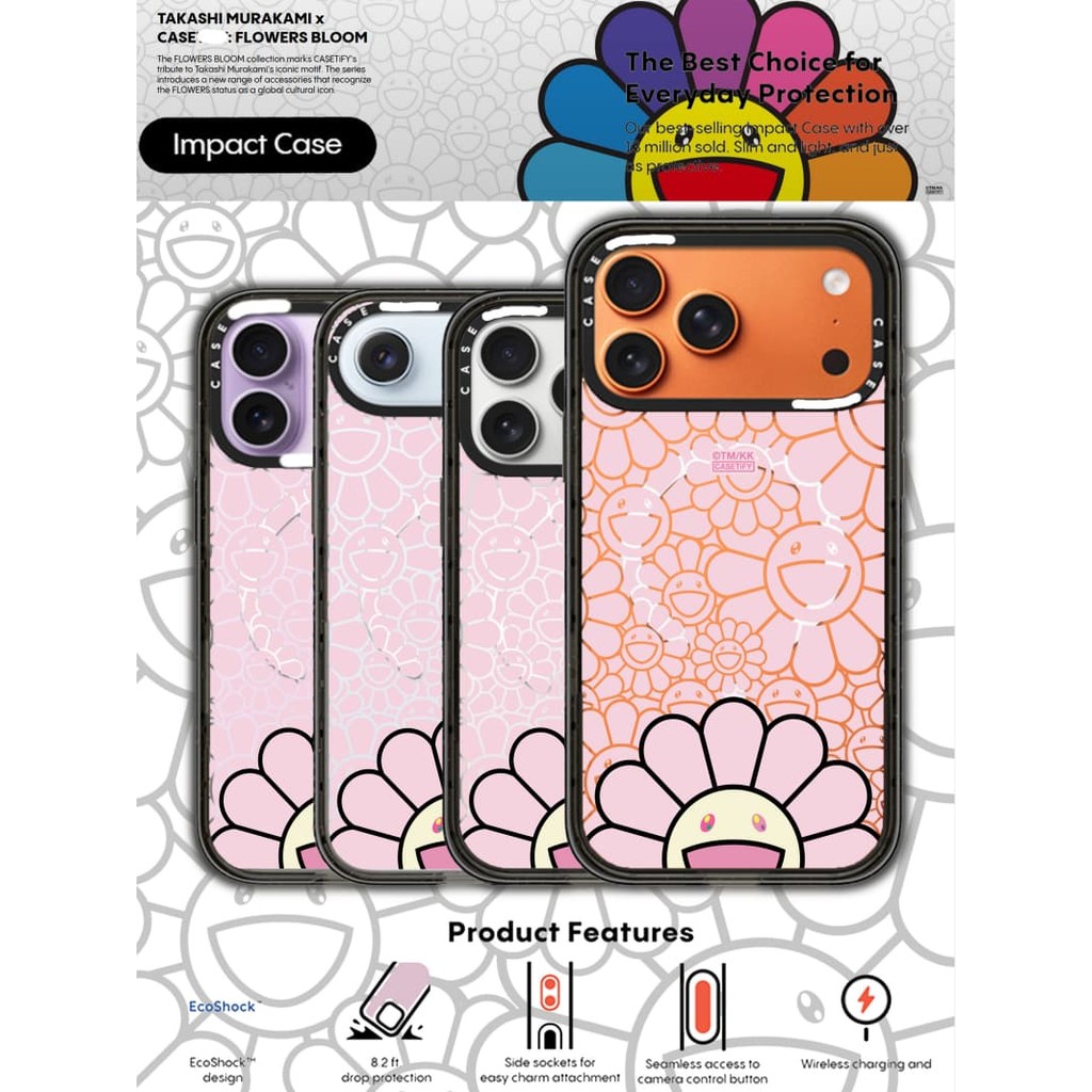 TAKASHI MURAKAMI x CASECASE: FLOWERS BLOOM SMILE (HỒNG) Vỏ tác động hút từ tính cứng trong suốt cho Apple IPhone 12 13 14 15 16 17 Pro Max Air Plus có hộp