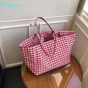 Túi đeo vai kẻ sọc đỏ FUJIOU, Túi Tote lưới lưới phong cách Hàn Quốc, Túi xách di động màu đen Túi vải hàng ngày
