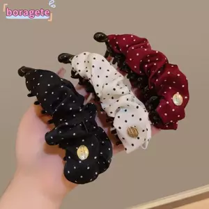 Kẹp Tóc BORAGETE, Kẹp Chuối Satin Xếp Ly Chấm, Kẹp Đuôi Ngựa Phong Cách Hàn Quốc Thêm Khối Lượng Cho Tóc