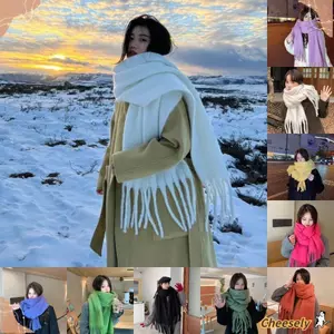 Khăn choàng Cashmere mùa đông CHEESELY, Khăn quàng cổ tua dài màu trơn Mohair, Khăn choàng dày mềm mại ấm áp quấn nữ