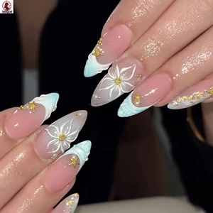 Hạnh Nhân Ngắn Bấm Trên Móng Tay Với Hoa 3D Và Sao Biển-Thiết Kế 24 Miếng Móng Tay Giả Đeo Được Cho Tiệc Cưới