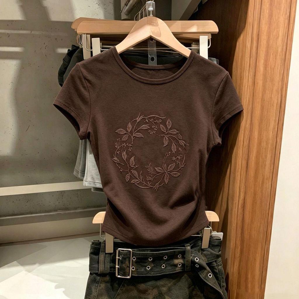 [Giảm giá trong thời gian có hạn] 2026 Phong cách mới màu nâu ngắn tay Cotton co giãn vải thoải mái in hoa Slim-fit Thợ may Sli
