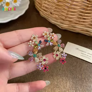 < Honeyba > Bông tai hoa Zircon đầy màu sắc lãng mạn dành cho nữ Thời trang bé gái Bông tai hoa hình giọt nước ngọt ngào Quà tặng trang sức dự tiệc tinh tế Đẹp