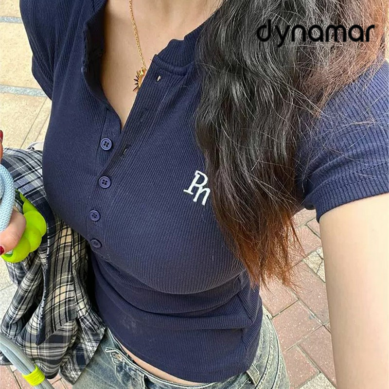 【dynamar】Áo thun ngắn tay kiểu retro áo thun thường ngày đa năng. áo thun nữ ôm dáng thêu họa tiết