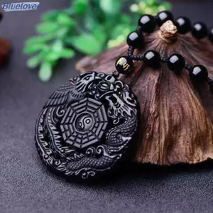 Bluelover Tự Nhiên Obsidian Tay Khắc Trung Quốc Rồng Phượng Chim Bùa Hộ Mệnh BaGua Nelace Dành Cho Nữ Lu Linh Vật Bùa Mặt Dây Chuyền Mới