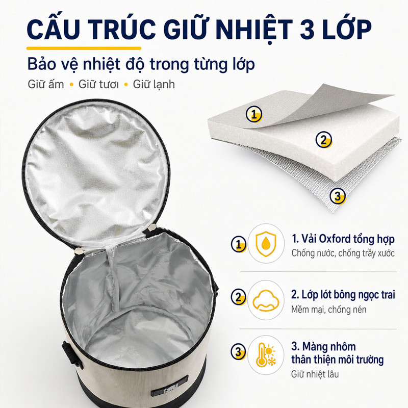 Túi giữ nhiệt hộp cơm văn phòng 3 lớp dày dặn, chống nước chống xước, có quai xách tiện lợi, giữ cơm nóng suốt ngày