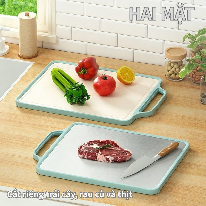 Thớt Inox 304 Nhựa PP Hai Mặt Kháng Khuẩn Chống Trượt Chống Mốc Rãnh Tách Sống Chín