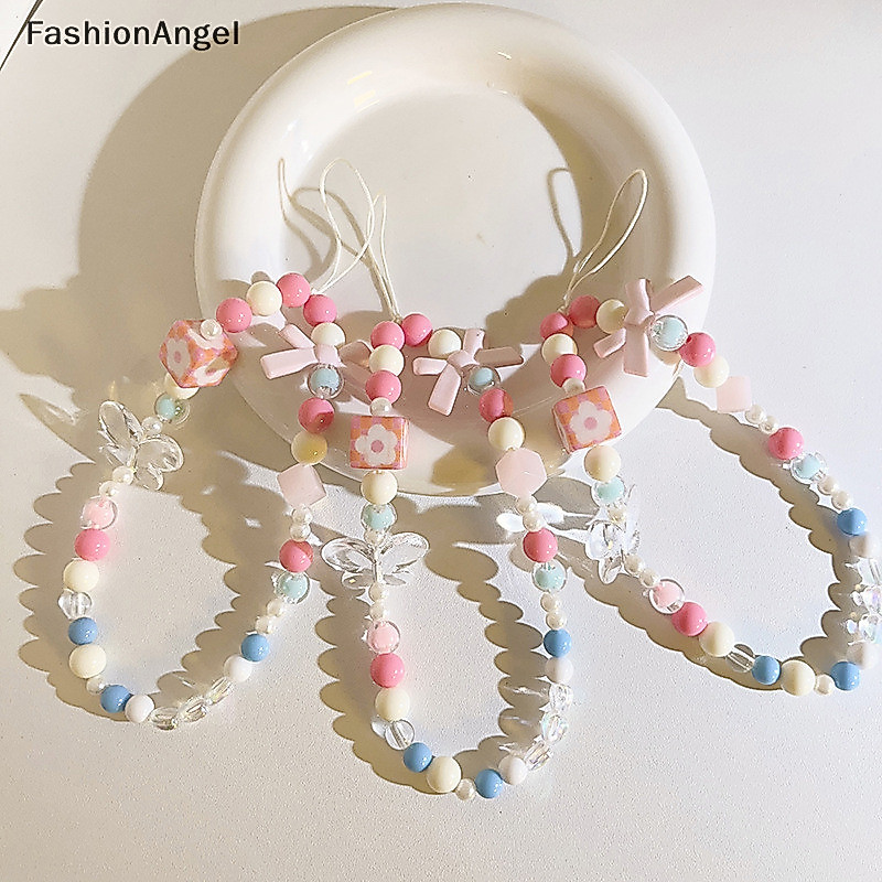FashionAngel Xanh Hồng Nơ Hạt Dây Chuỗi Điện Thoại, Dây Đeo Cổ Tay, Chống Mất, Phụ Kiện Túi