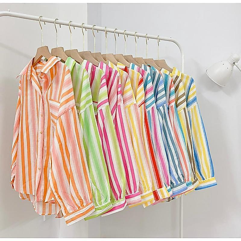 Áo Sơ Mi Nữ Kẻ Sọc Phối Màu Thời Trang Freesize, Sơ Mi Kẻ Sọc Phố