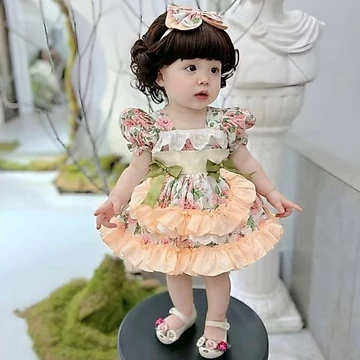 Váy Lolita Hoa Hồng Bèo Cam Tay Bồng Kèm Chíp Và Tuban 4-20 Kg,Váy Cho Bé Gái Đầy Tháng Sinh Nhật Du Lịch Chất Thô Cotto
