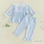 6M-4Y Bé Gái Mùa Thu Trang Phục Cổ Búp Bê Kẻ Sọc Cổ Áo Dài Tay Với Xù Viền Quần 2 Chiếc Bộ